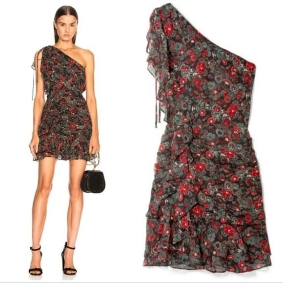Veronica Beard One Shoulder Floral Dress - Black and Red - Picture 3 of 8